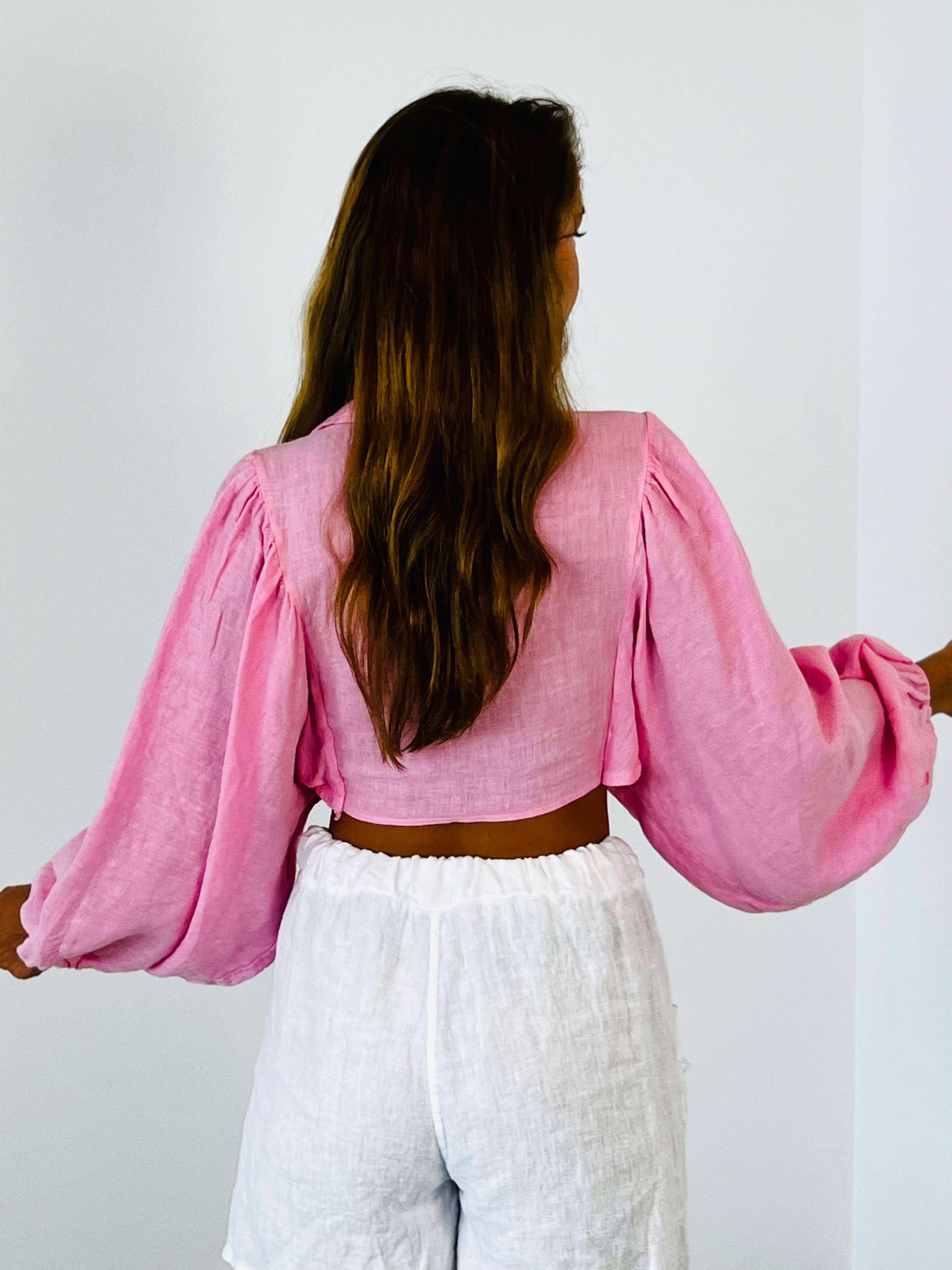 Ref-11865 Tie-front blouse top 100% linen