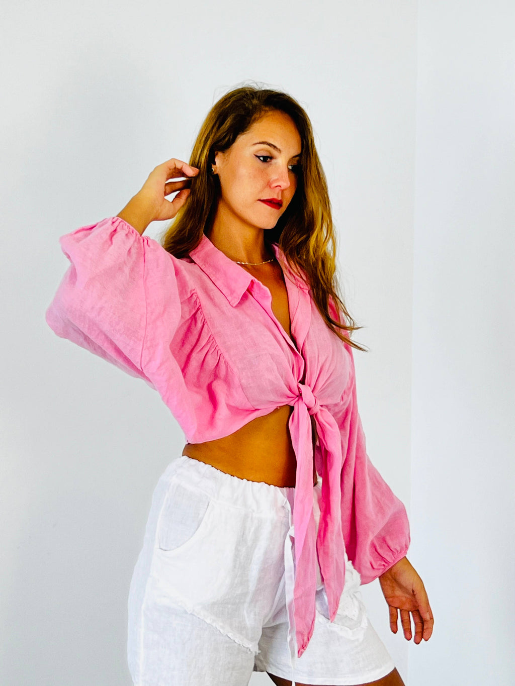Ref-11865 Tie-front blouse top 100% linen