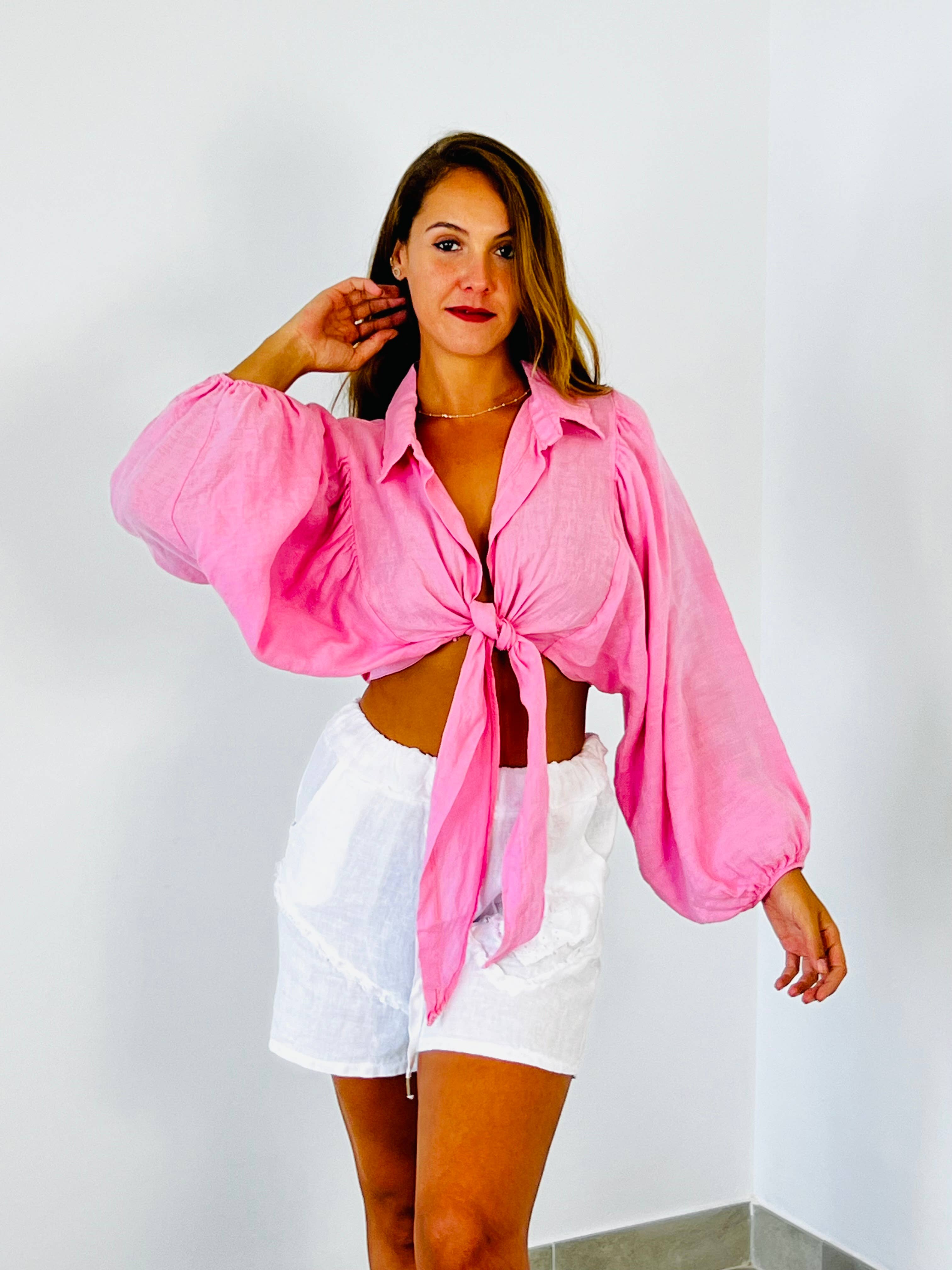 Ref-11865 Tie-front blouse top 100% linen