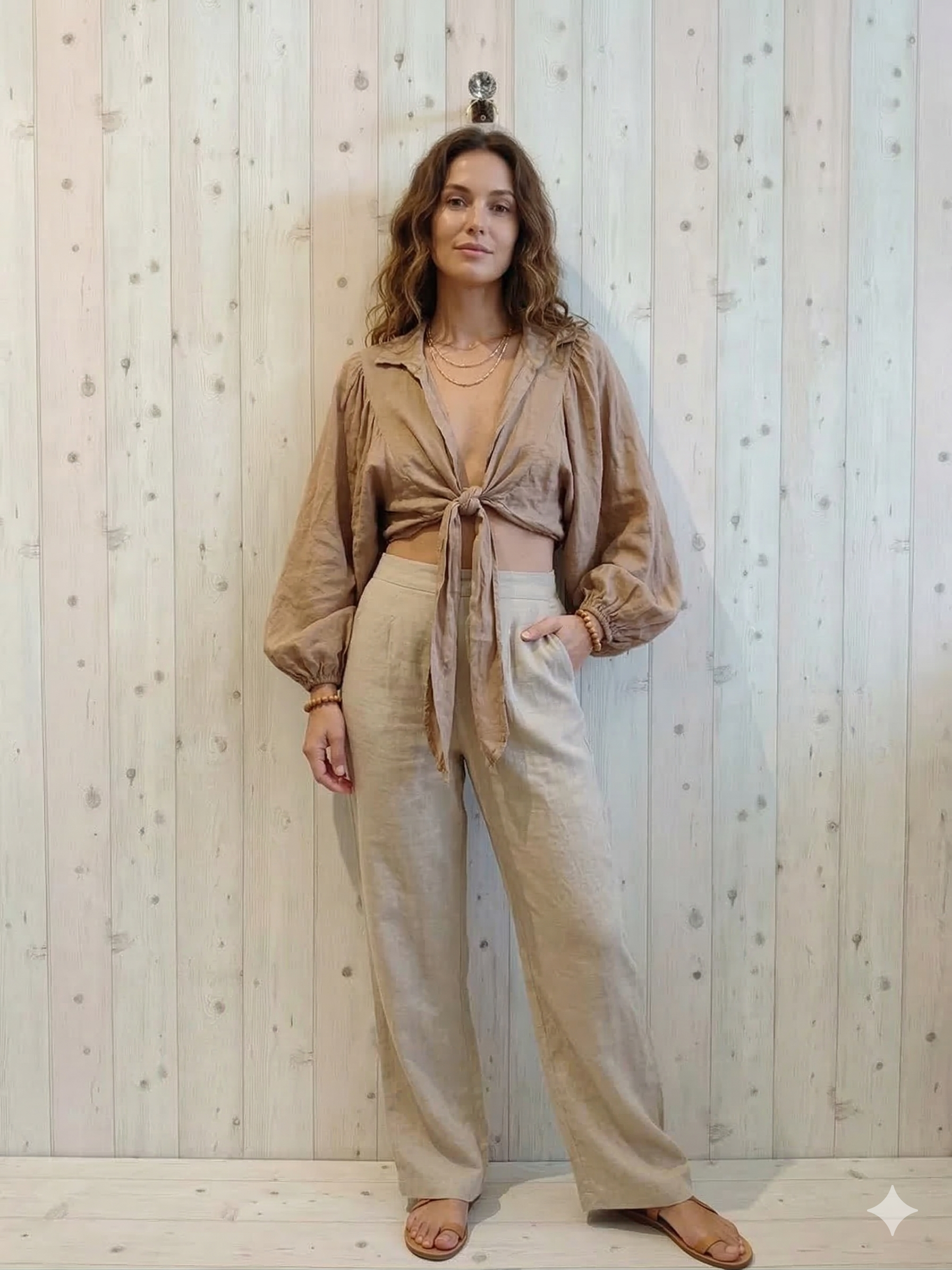 Ref-11865 Tie-front blouse top 100% linen